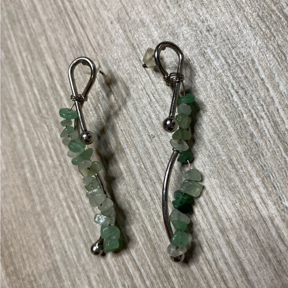 Handmade Green Aventurine Chip Drop Earrings Silver Wire Wrapped Boho Gemstone